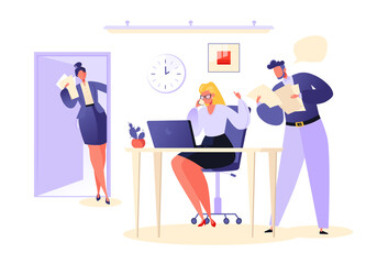 Super busy Lady Boss. Business woman solves several tasks at the same time. Woman receives an important call, at the same time subordinates brought her documents for signature and approval.