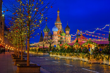 Moscow Kremlin and Red Square with the New Year and Christmas decorations in Moscow, Russia.