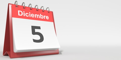 December 5 date written in Spanish on the flip calendar, 3d rendering