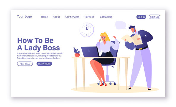 Woman boss concept for landing page template. Very busy lady boss speaks on the phone making an important call while the employee brought her documents to sign. Daily routine of boss and CEO in office