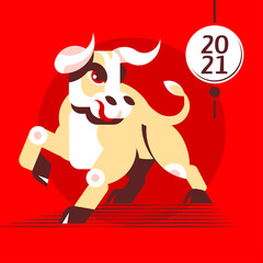 White metal Ox - symbol of the 2021 Chinese New Year. Zodiac Sign of bull on a red background for a calendar or card. Vector illustration of Ox for Holiday of the 2021 in  China, Korea, Hong kong.