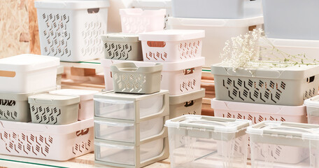 Organization of home space, storage and coziness, a lot of plastic household goods, new clean...