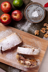 .Traditional apple strudel with nuts. Top view
