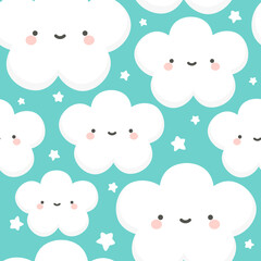 Cloud and Stars Cute Seamless Pattern, Cartoon Vector Illustration, Cartoon Background