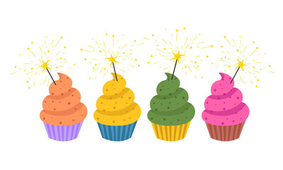 Birthday cupcake with bengal lights isolated on white. Flat cartoon style. Vector illustration	
