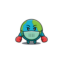 Illustration of Earth Character Wearing Boxing Gloves And Looking Angry
