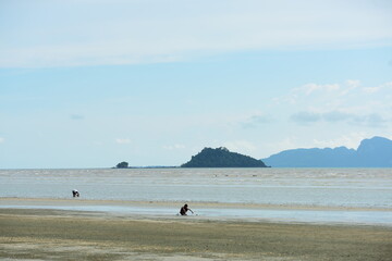 View of the sandy beach and the island on the beach in Trang, Thailand