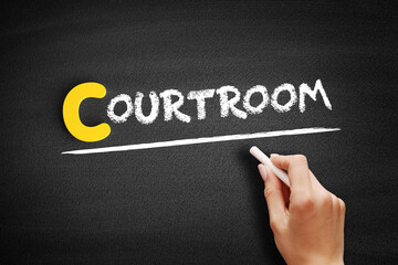 Courtroom text on blackboard, law concept background
