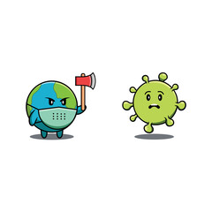 Cute Earth Characters Holding An Ax Fight Viruses