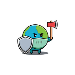 Cute Earth Characters Holding An Ax And Shield With Angry Expression.