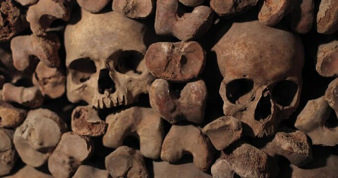 Wall of human bones and skulls in a catacomb