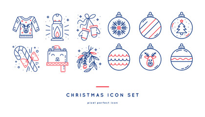 Sweater, flashlight, mittens, Christmas decorations, Christmas candy, mistletoe. Vector line icon set