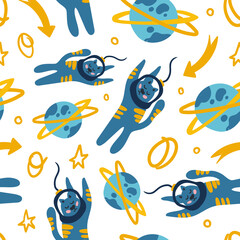 Hand drawn space elements seamless pattern. Space background. Space doodle illustration. Vector illustration. Seamless pattern with cartoon space rockets, planets, stars, slogans
