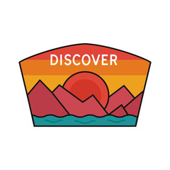 Vintage discover logo, adventure emblem design with mountains and river. Unusual line art retro style sticker. Unique colors. Stock vector isolated