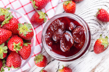 Homemade delicious strawberry jam and fresh strawberry
