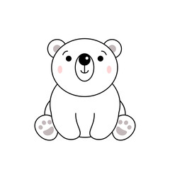 Obraz na płótnie Canvas Shy cute polar bear sitting looking curious. Kawaii ice bear smiles. Funny white bear cartoon character. Winter theme animal. Isolated on white background, outline. Vector illustration,flat, clip art 