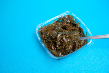 A delicious fresh seaweed salad. Edible seaweed salad and fork on blue background.