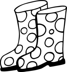 Autumn rubber boots or winter boots - black and white isolated element on white background. Vector outline illustration.