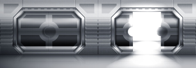Futuristic metal sliding doors in spaceship, submarine or laboratory. Vector realistic interior of empty hallway with open and closed steel gates. Stainless doors in spacecraft or lab © klyaksun