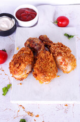 Delicious homemade crispy fried chicken with sauces on white marble background