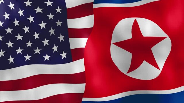 American and North Korean Flags waving in wind.Donald Trump and Kim Jong Un.Washington and Pyongyang.