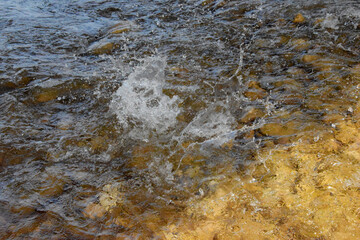 The river flows over the stones in a cascade, a huge stone fell into the water and a lot of splashes formed. Trail from a stone falling into the water.