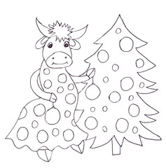 cow in festive dress decorates the christmas tree, symbol of 2021, graphic linear monochrome drawing on white background