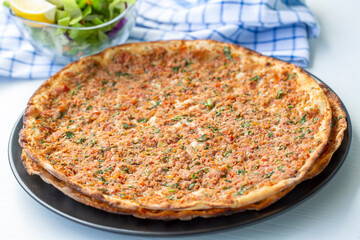 Traditional delicious Turkish foods; Lahmacun (Turkish pizza)