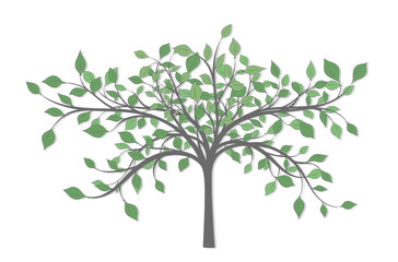 Drawing of a tree with branches and lots of green leaves of different sizes and tones on a white background