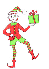 christmas elf dancing with a gift in his hands, graphic color drawing on a white background