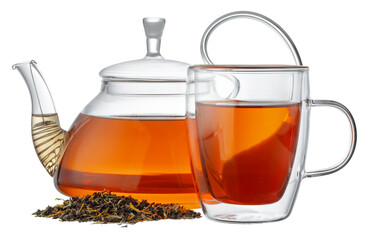 Glass teapot and glass cup with tea isolated on white
