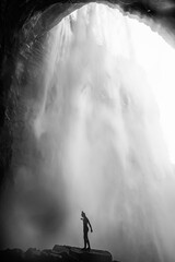 A Woman dancing under a waterfall