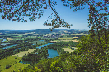 Weser Uplands / Weser Hills. View of Weser river and surroundings near the city of Höxter in North Rhine Westphalia, Germany