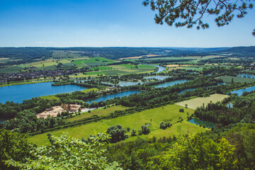 Weser Uplands / Weser Hills. View of Weser river and surroundings near the city of Höxter in North...