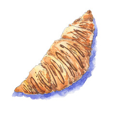 Bright yummy croissant with chocolate hand drawn in watercolor sketching style. Bakery, pastry, cook, kitchen design element. Food illustration.
