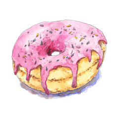 Bright appetizing sweet pink-glazed donut hand drawn in watercolor sketching style. Bakery, pastry design element. Food illustration.