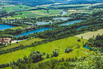 Weser Uplands / Weser Hills. View of Weser river and surroundings near the city of Höxter in North Rhine Westphalia, Germany