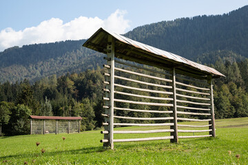Empty hay rack in Julian Alps near Kranjska Gora, Slovenia