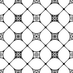 Naklejka premium Seamless patchwork tile in black and white. Majolica pottery tile. Portuguese and Spain decor. Azulejo. Ceramic tile in talavera style. Mosaic tile. Vector pattern