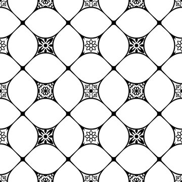 Seamless patchwork tile in black and white. Majolica pottery tile. Portuguese and Spain decor. Azulejo. Ceramic tile in talavera style. Mosaic tile. Vector pattern