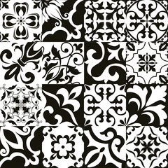 Set of 16 tiles Azulejos in black, white. Original traditional Portuguese and Spain decor. Seamless patchwork tile with Victorian motives. Ceramic tile in talavera style. Gaudi mosaic. Vector