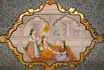 Honorable Indian woman in dressing room - ancient wall painting of Patwon Ki Haveli. A haveli is a traditional townhouse or mansion in India.