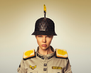 Creative portrait of a female version of Colonel Mustard wearing a bread clip, mustard and bread...