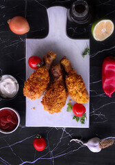 
Delicious homemade crispy fried chicken with sauces on black marble background