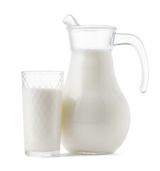 Glass jar and cup of fresh milk isolated