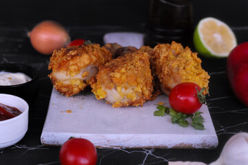 
Delicious homemade crispy fried chicken with sauces on black marble background