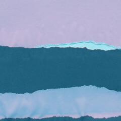 Blue torn paper collage close-up. Texture made from various paper and cardboard parts. Damaged old paper background. Vintage blank wallpaper. Material design backdrop.