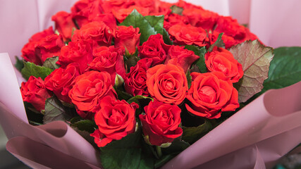 bouquet of red roses in water drops