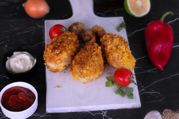 
Delicious homemade crispy fried chicken with sauces on black marble background