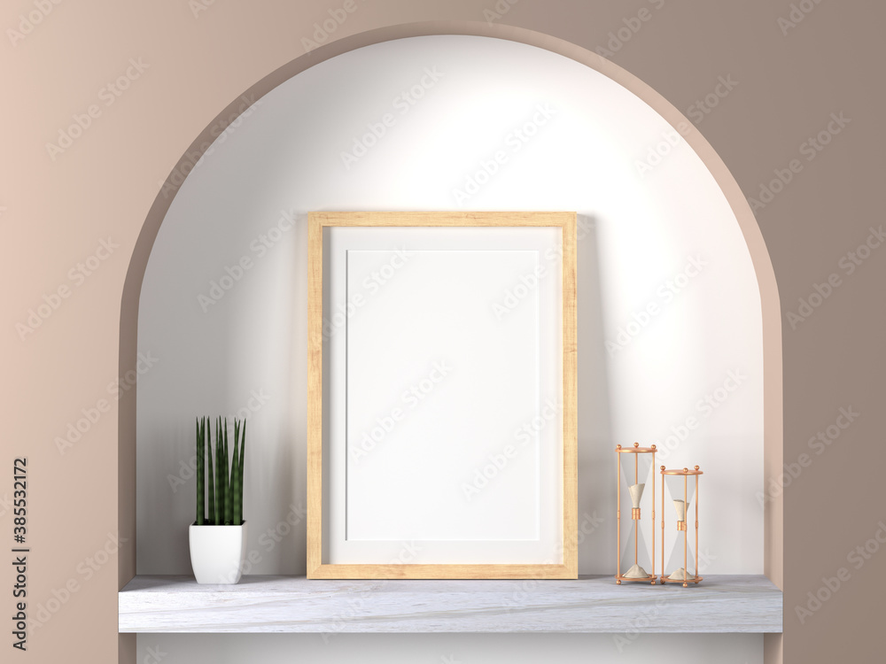 Wall mural mockup empty photo frame in geometric curves room, 3d rendering.